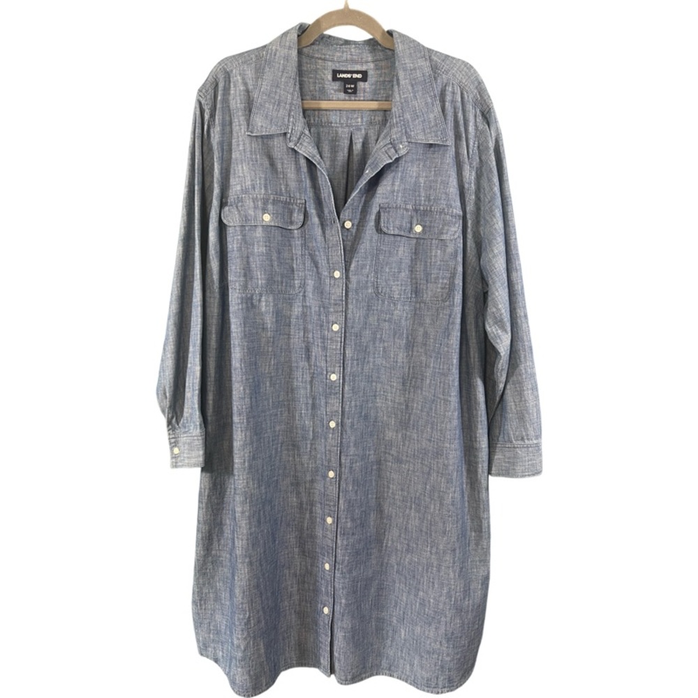 Lands End Denim Chambray Long Sleeve Shirt Dress Pockets Size 26W